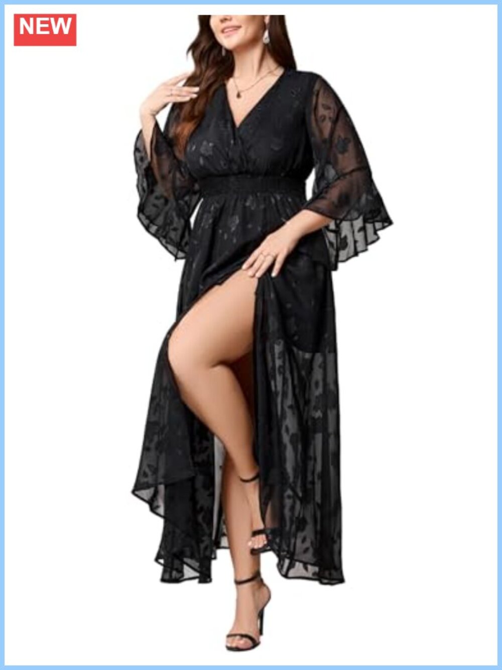 Plus Size Chiffon Ruffle Sleeve V Neck A-Line Flowy Maxi Formal Dress